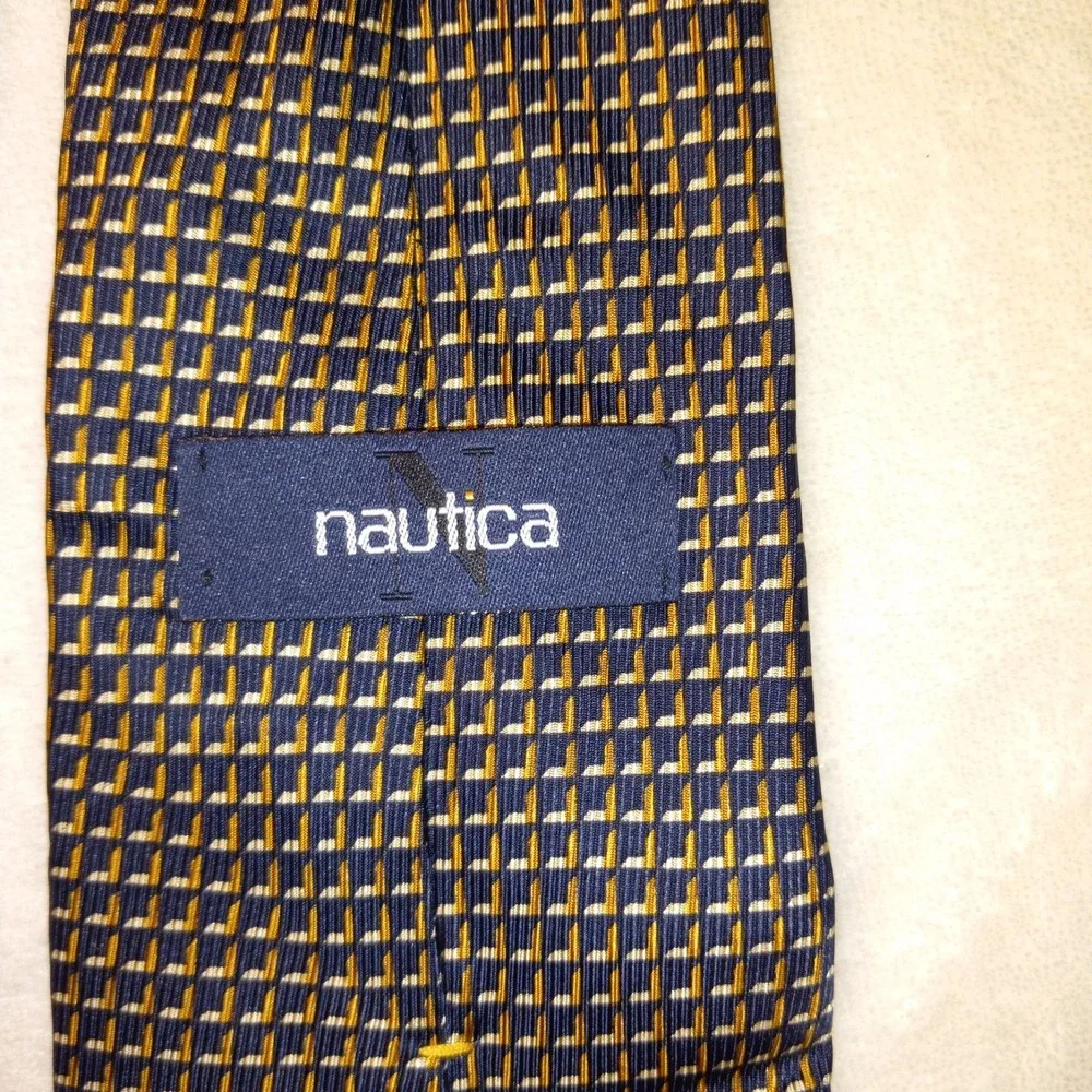 Nautical Navy Blue Yellow White Classic Tiny geometric pattern Tie 100% Silk